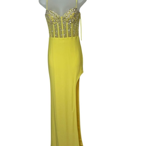 Mac Duggal Yellow Beaded Gown 44029 XS NWT Sweetheart Slit Formal Dress - Picture 2 of 6